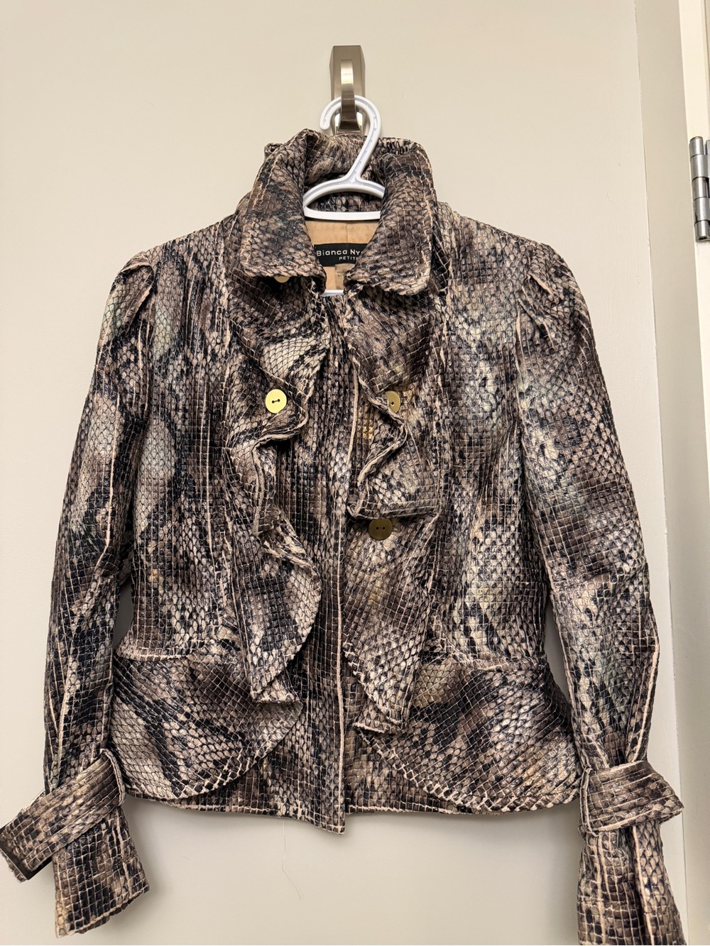 Snake-Print Ruffled Bomber Jacket